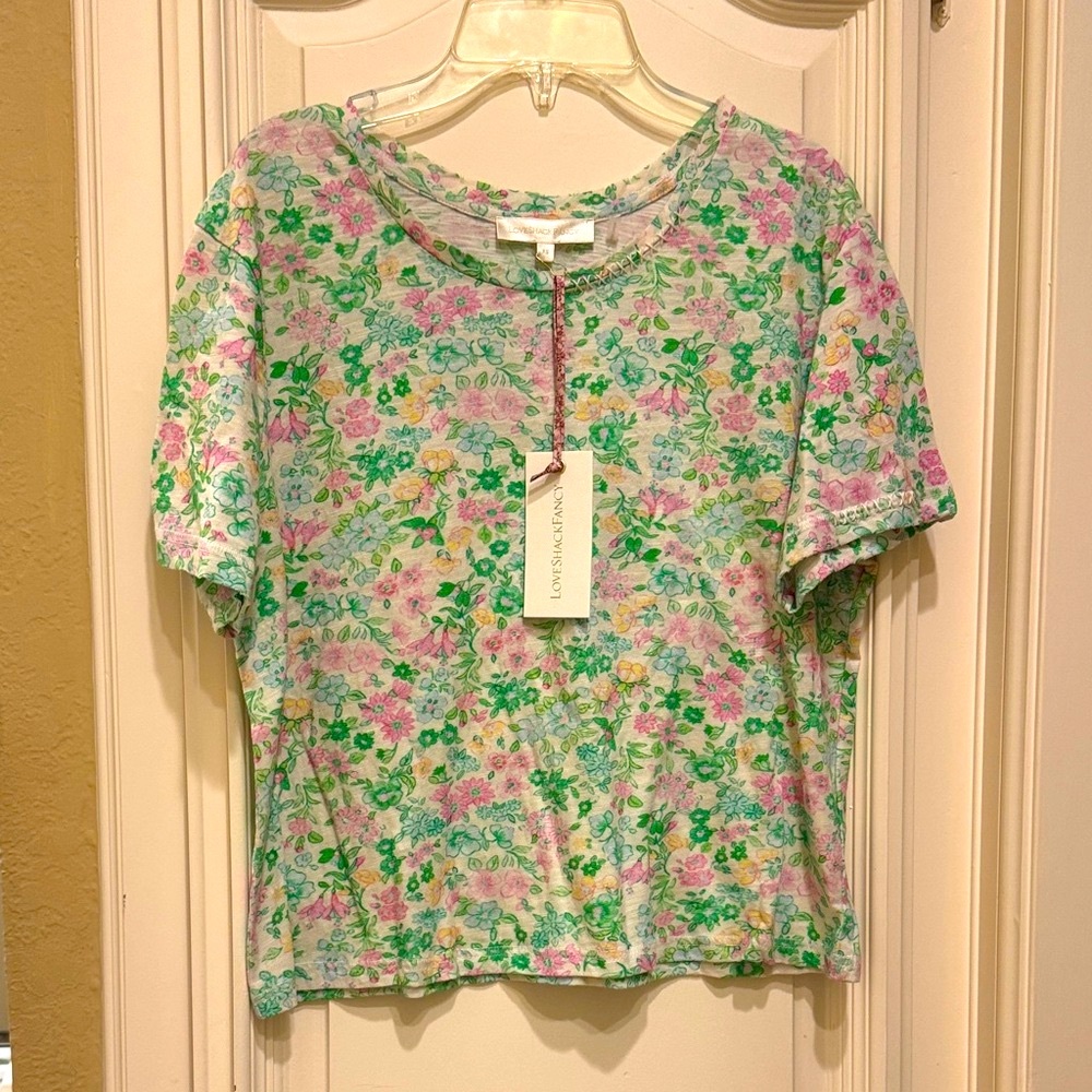 LoveShackFancy Floral Short Sleeve Tee - Green and Pink